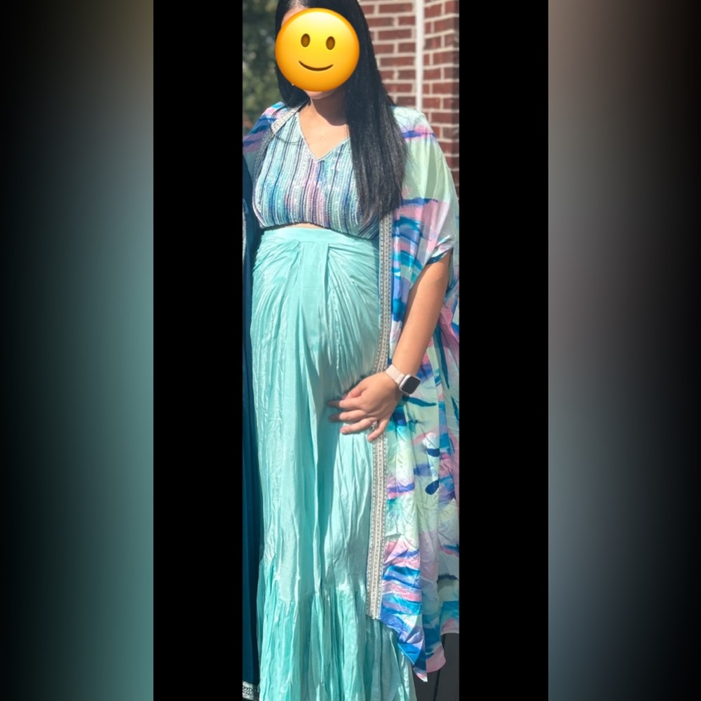 Indian dress - Blue Crepe Printed And Embroidered Abstract Stripe Cape - XXL